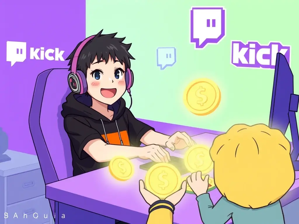 A digital illustration showing a streamer on Twitch receiving Twitch Kick Coins from viewers, with the Twitch and Kick logos subtly integrated into the background.